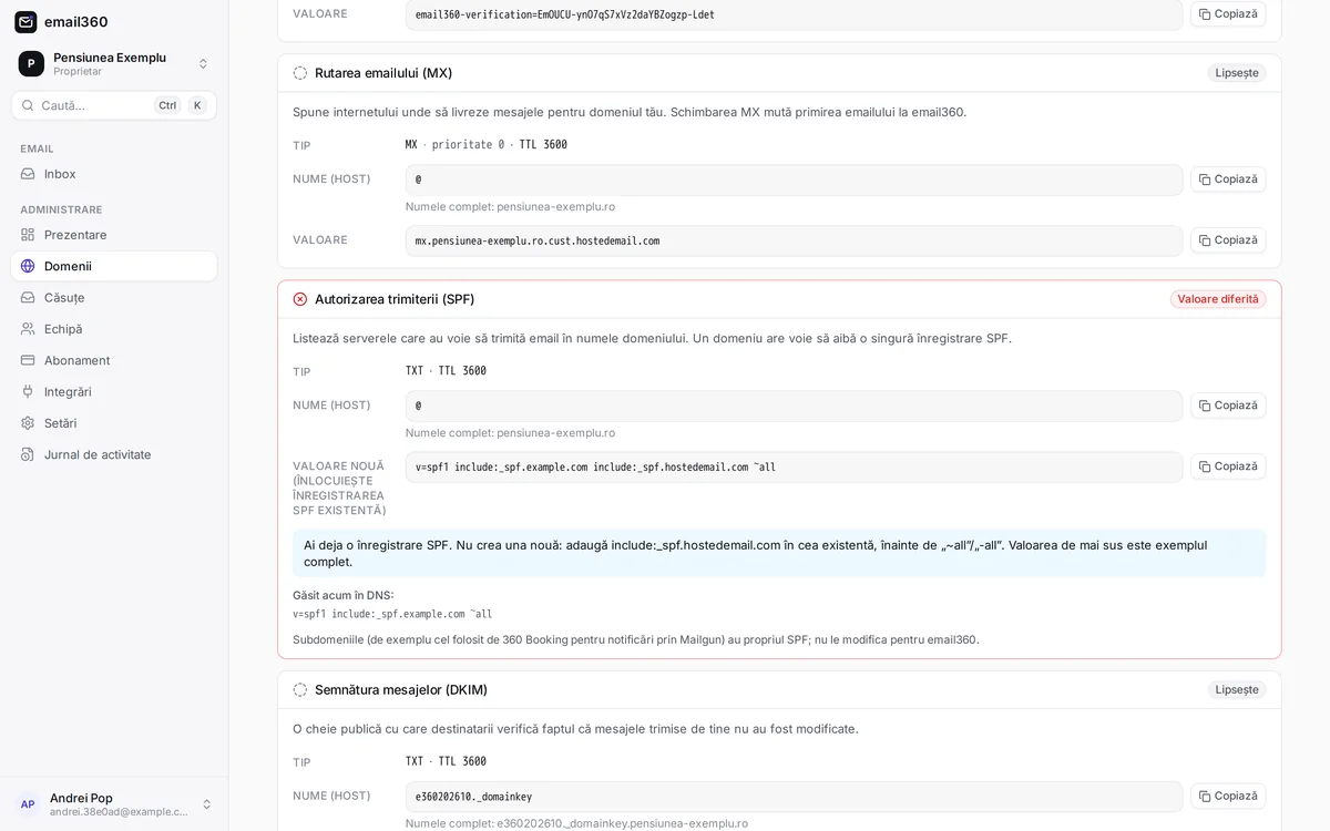 Pagina de configurare DNS: fiecare înregistrare cu tipul, numele și valoarea de copiat, plus starea verificării.