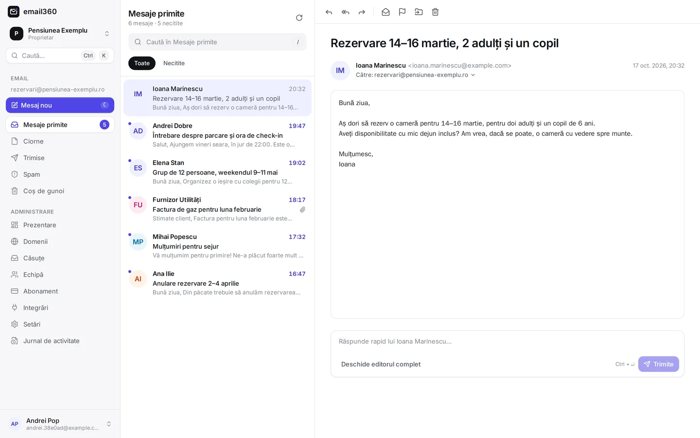 Inboxul email360: lista de mesaje primite de o pensiune și un mesaj deschis cu o cerere de rezervare.