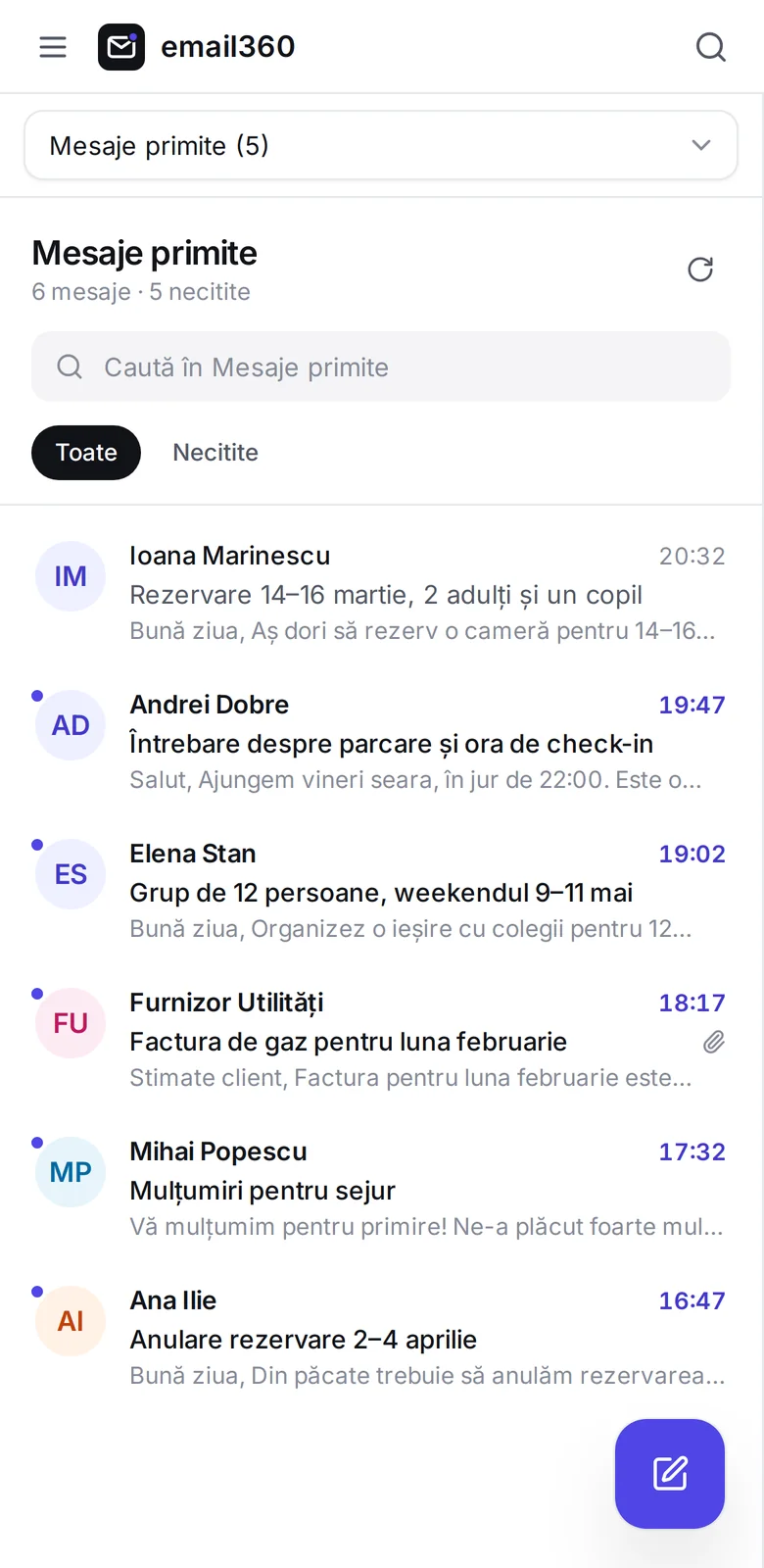 Inboxul email360 pe telefon, cu mesajele primite de o pensiune.